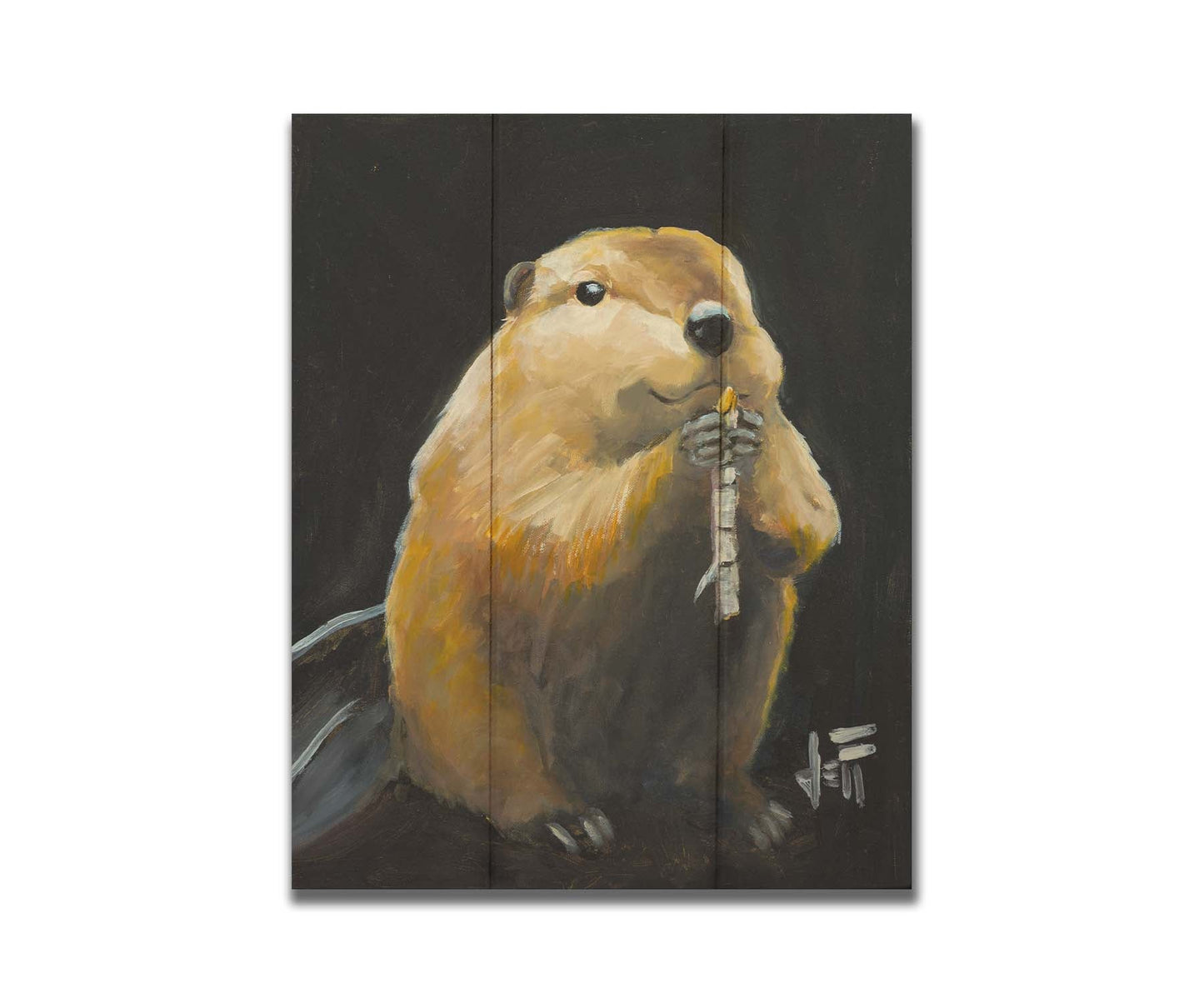 A painting of a round, soft, brown beaver snacking on a white birch stick, set against a black background. Printed on a box board.