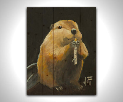 A painting of a round, soft, brown beaver snacking on a white birch stick, set against a black background. Printed on a wood pallet.