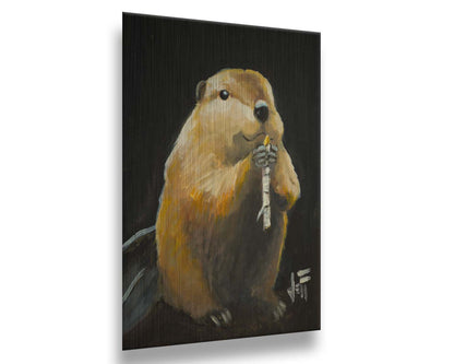 A painting of a round, soft, brown beaver snacking on a white birch stick, set against a black background. Printed on metal.