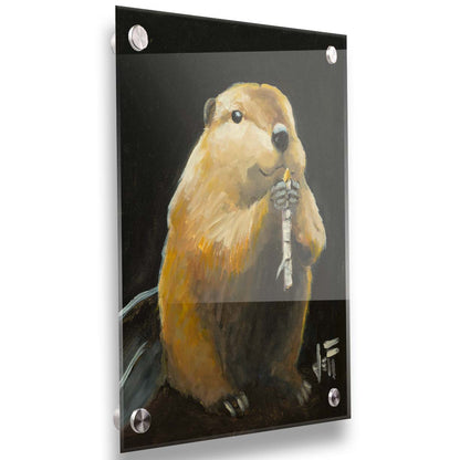 A painting of a round, soft, brown beaver snacking on a white birch stick, set against a black background. Printed on acrylic.