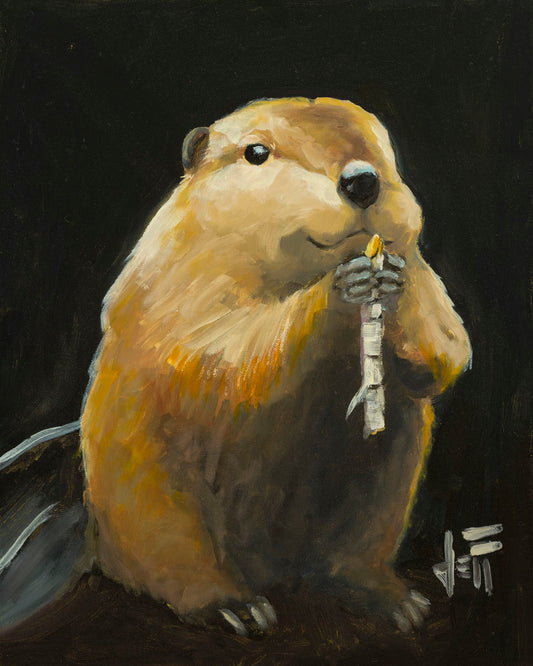 A painting of a round, soft, brown beaver snacking on a white birch stick, set against a black background. 