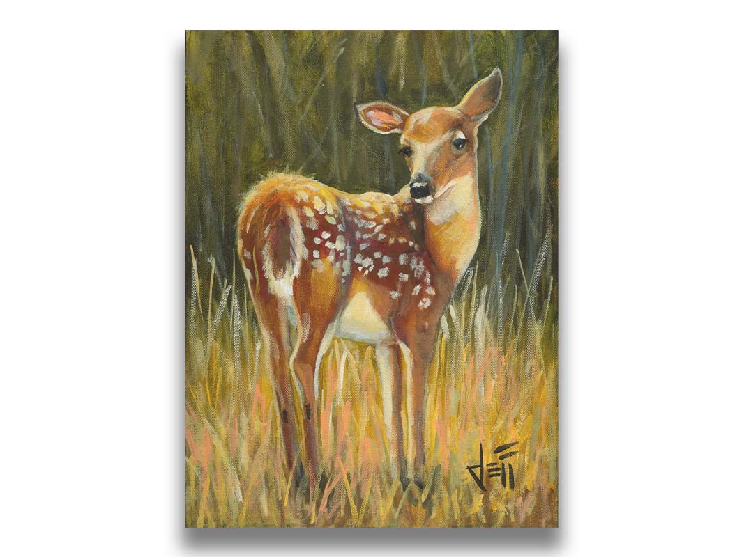 A painting of a baby deer, standing in a grassy field. before a green forest. Printed on canvas.