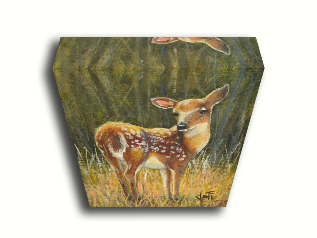 A painting of a baby deer, standing in a grassy field. before a green forest. Printed on canvas.