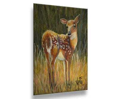 A painting of a baby deer, standing in a grassy field. before a green forest. Printed on metal.