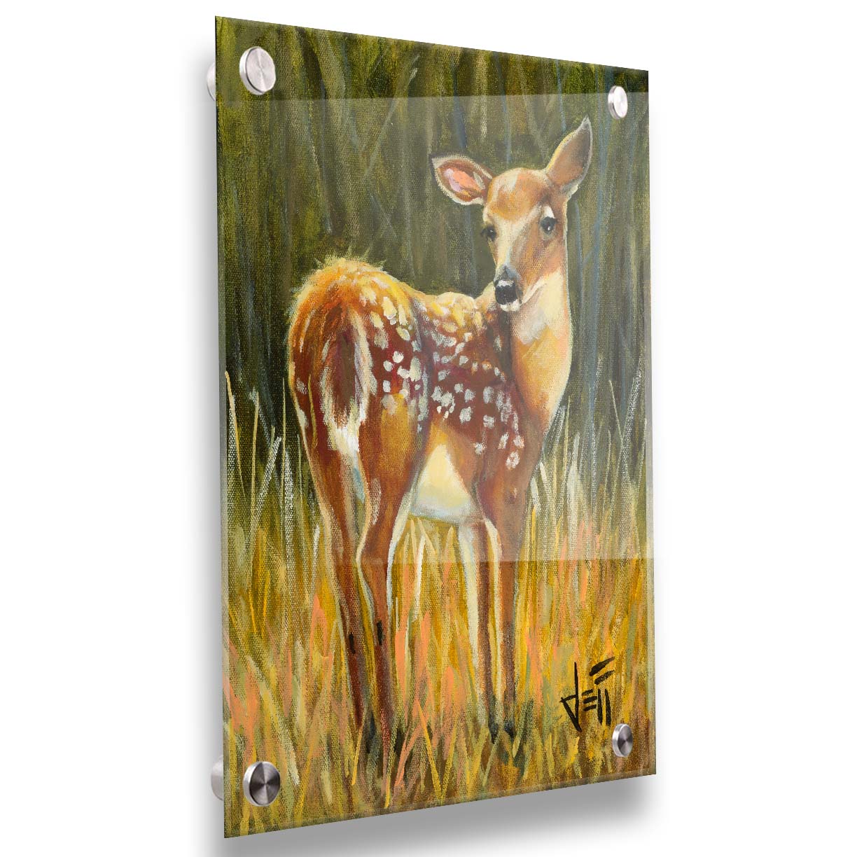 A painting of a baby deer, standing in a grassy field. before a green forest. Printed on acrylic.