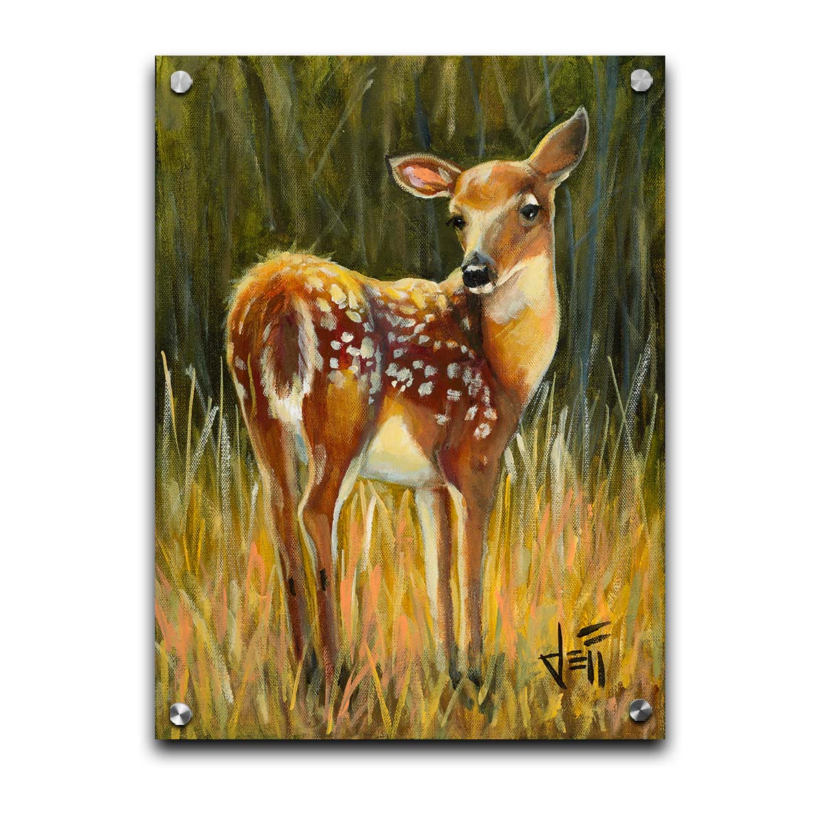 A painting of a baby deer, standing in a grassy field. before a green forest. Printed on acrylic.