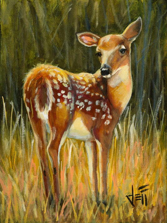 A painting of a baby deer, standing in a grassy field before a green forest. 