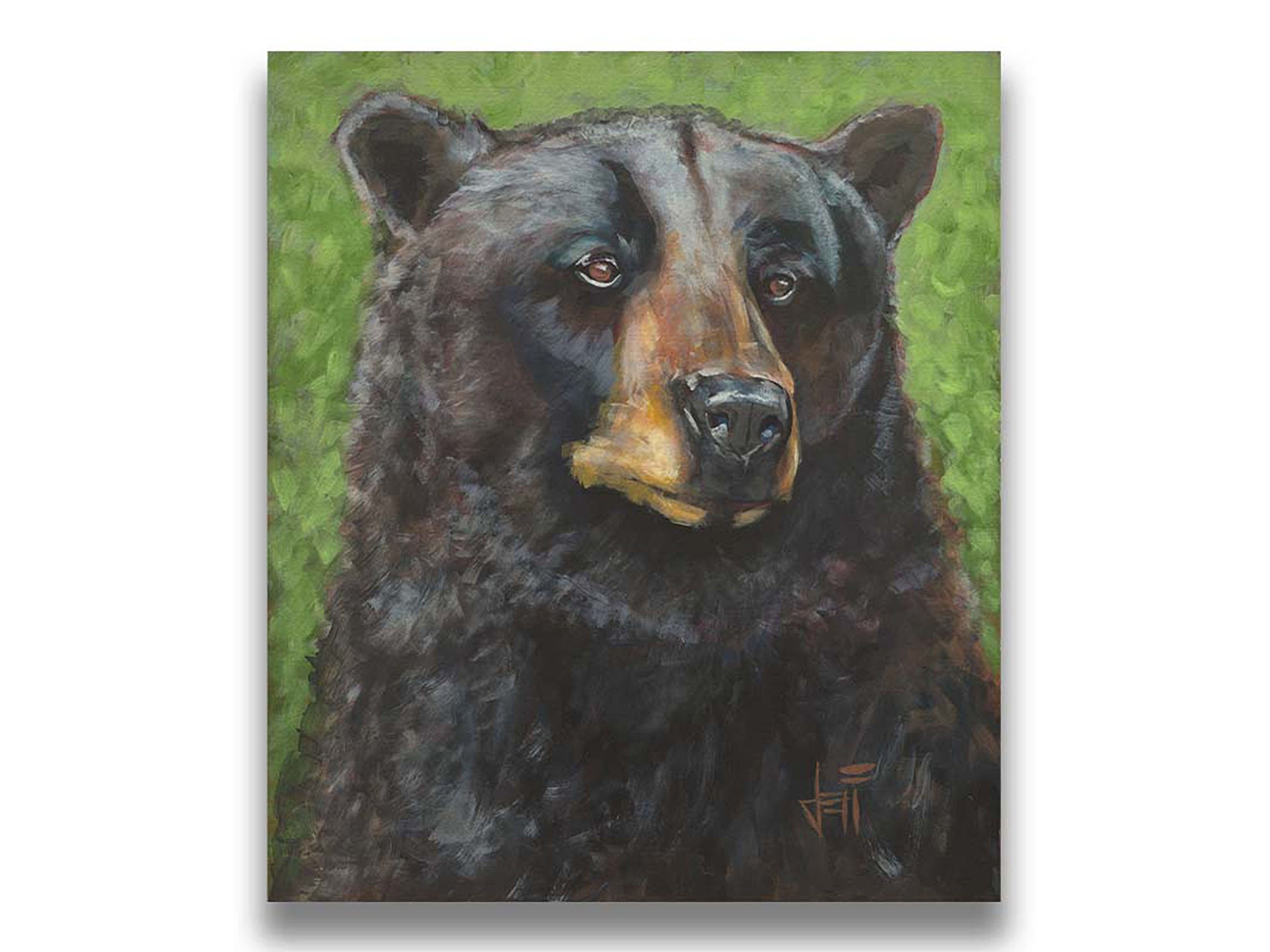 A portrait painting of a black bear against a green background. The texture and depth of the bear's fur is expertly depicted using variations in shade, tone, and texture. Printed on canvas.