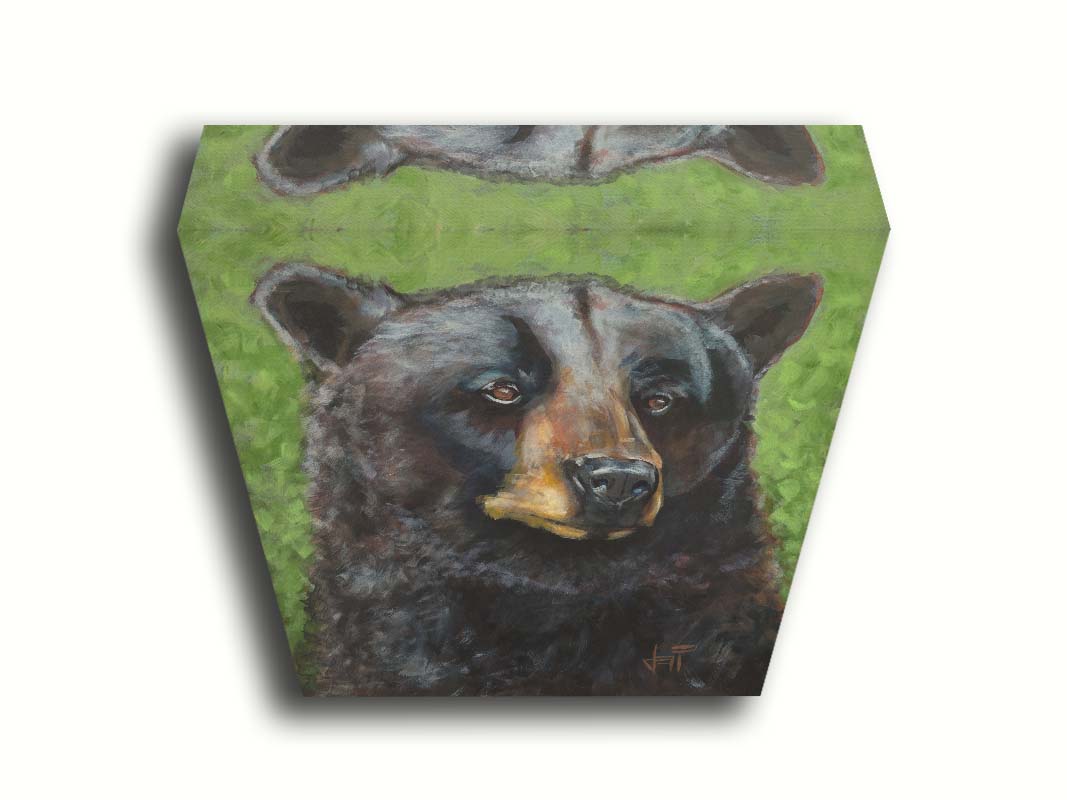 A portrait painting of a black bear against a green background. The texture and depth of the bear's fur is expertly depicted using variations in shade, tone, and texture. Printed on canvas.