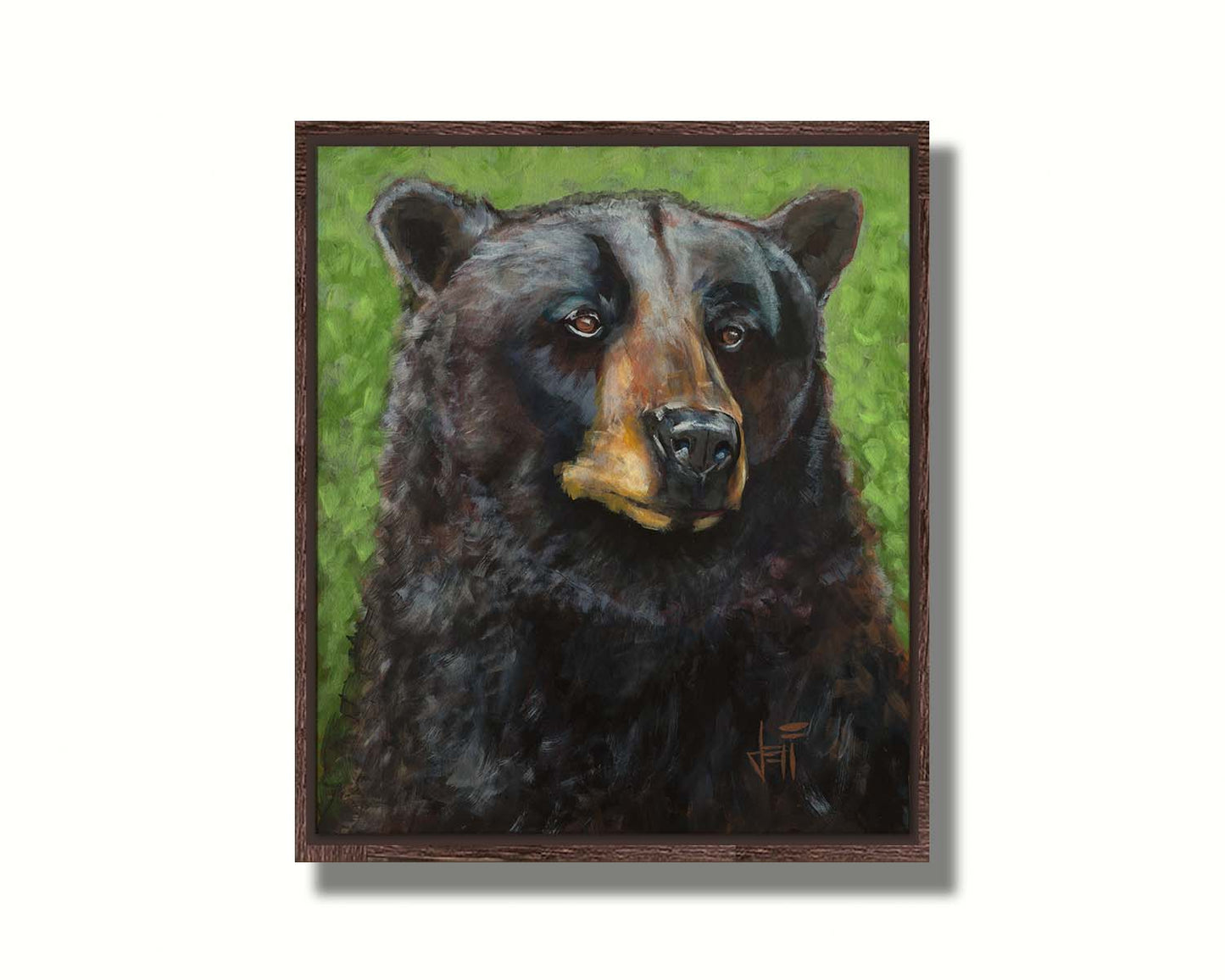 A portrait painting of a black bear against a green background. The texture and depth of the bear's fur is expertly depicted using variations in shade, tone, and texture. Printed on canvas in a float frame.