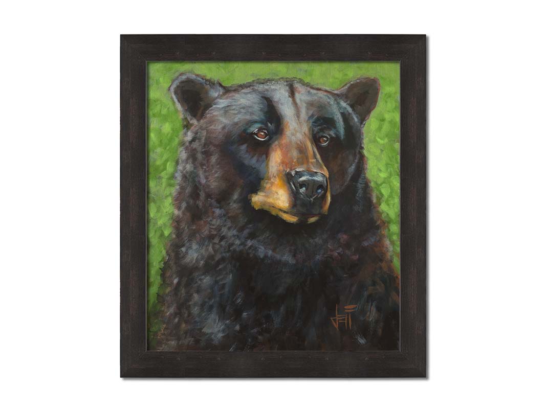 A portrait painting of a black bear against a green background. The texture and depth of the bear's fur is expertly depicted using variations in shade, tone, and texture. Printed on canvas and framed.