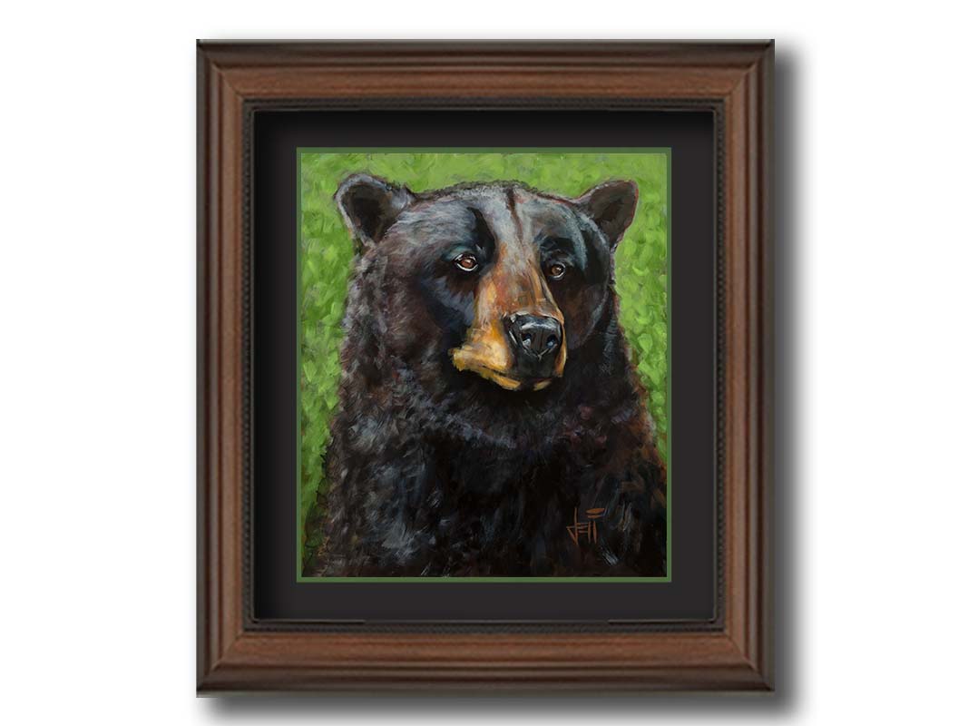 A portrait painting of a black bear against a green background. The texture and depth of the bear's fur is expertly depicted using variations in shade, tone, and texture. Printed on paper, matted, and framed.