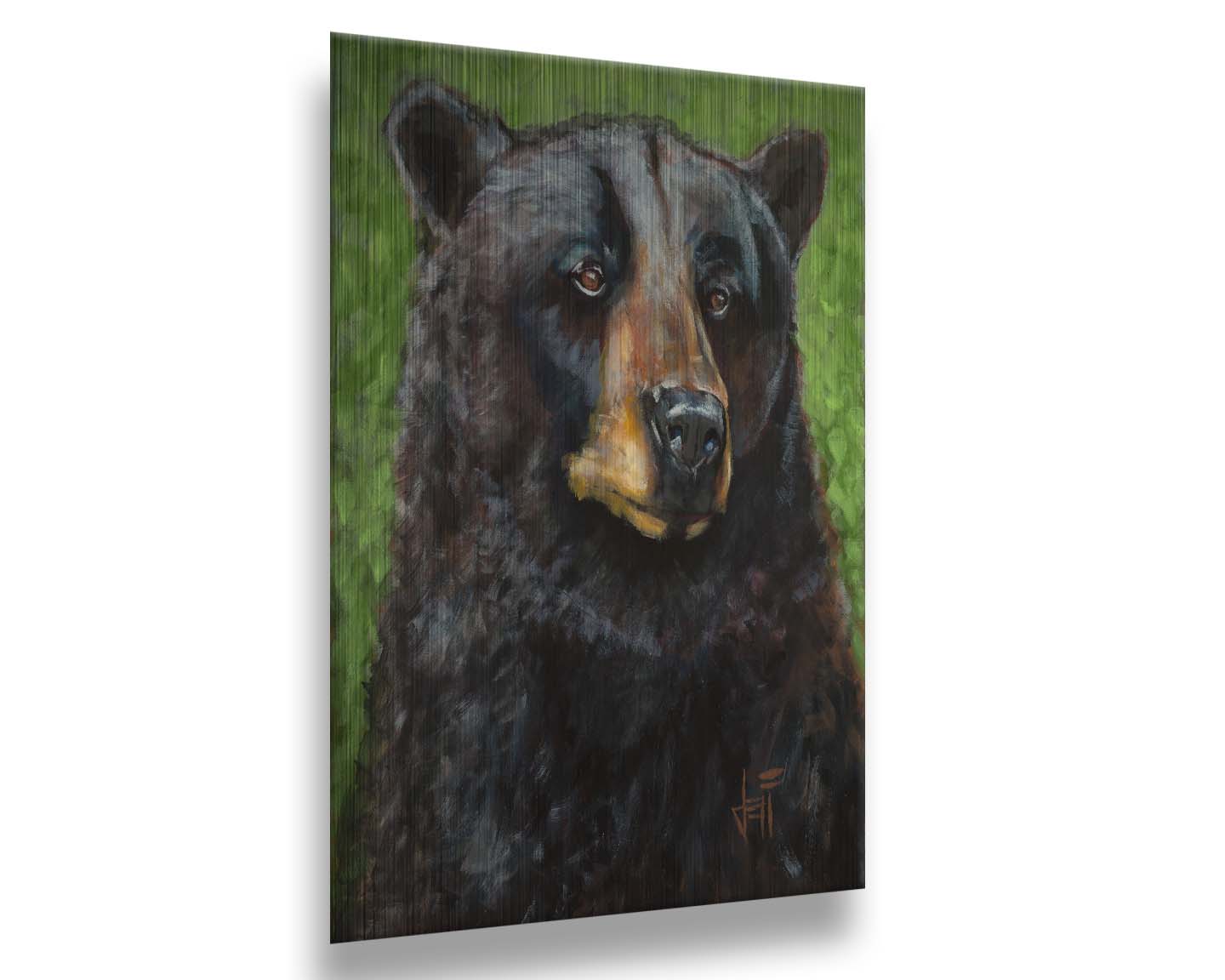 A portrait painting of a black bear against a green background. The texture and depth of the bear's fur is expertly depicted using variations in shade, tone, and texture. Printed on metal.