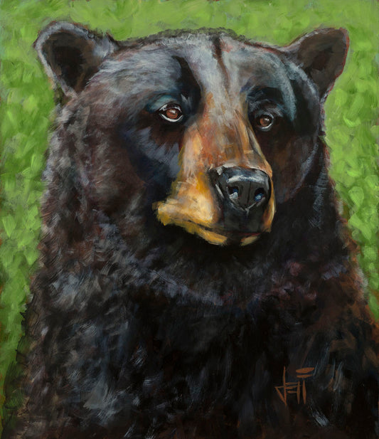 A portrait painting of a black bear against a green background. The texture and depth of the bear's fur is expertly depicted using variations in shade, tone, and texture.