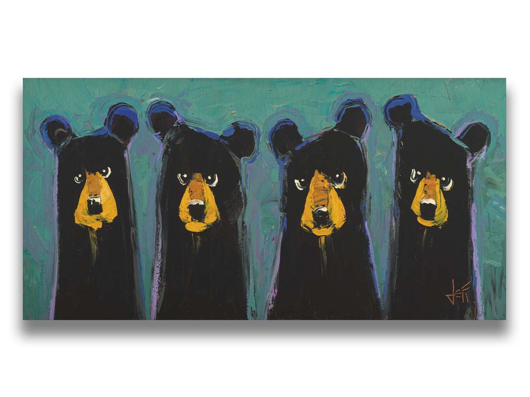 A contemporary painting of four black bears, outlined in purple, on a teal background. The simplified style emphasizes the basic shapes of the bears, giving them unique personality. Printed on canvas.