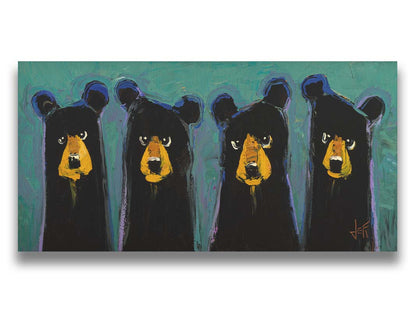 A contemporary painting of four black bears, outlined in purple, on a teal background. The simplified style emphasizes the basic shapes of the bears, giving them unique personality. Printed on canvas.