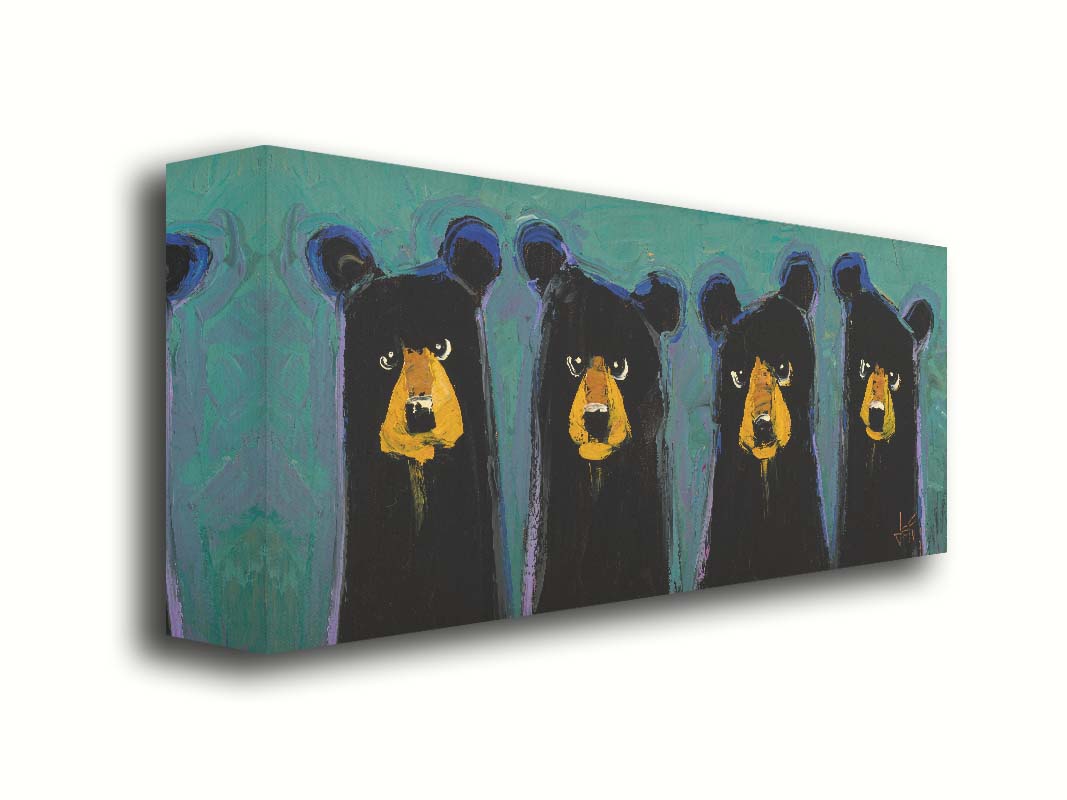 A contemporary painting of four black bears, outlined in purple, on a teal background. The simplified style emphasizes the basic shapes of the bears, giving them unique personality. Printed on canvas.