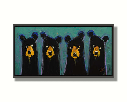 A contemporary painting of four black bears, outlined in purple, on a teal background. The simplified style emphasizes the basic shapes of the bears, giving them unique personality. Printed on canvas in a float frame.