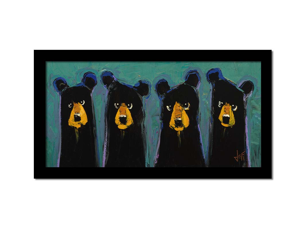 A contemporary painting of four black bears, outlined in purple, on a teal background. The simplified style emphasizes the basic shapes of the bears, giving them unique personality. Printed on canvas and framed.