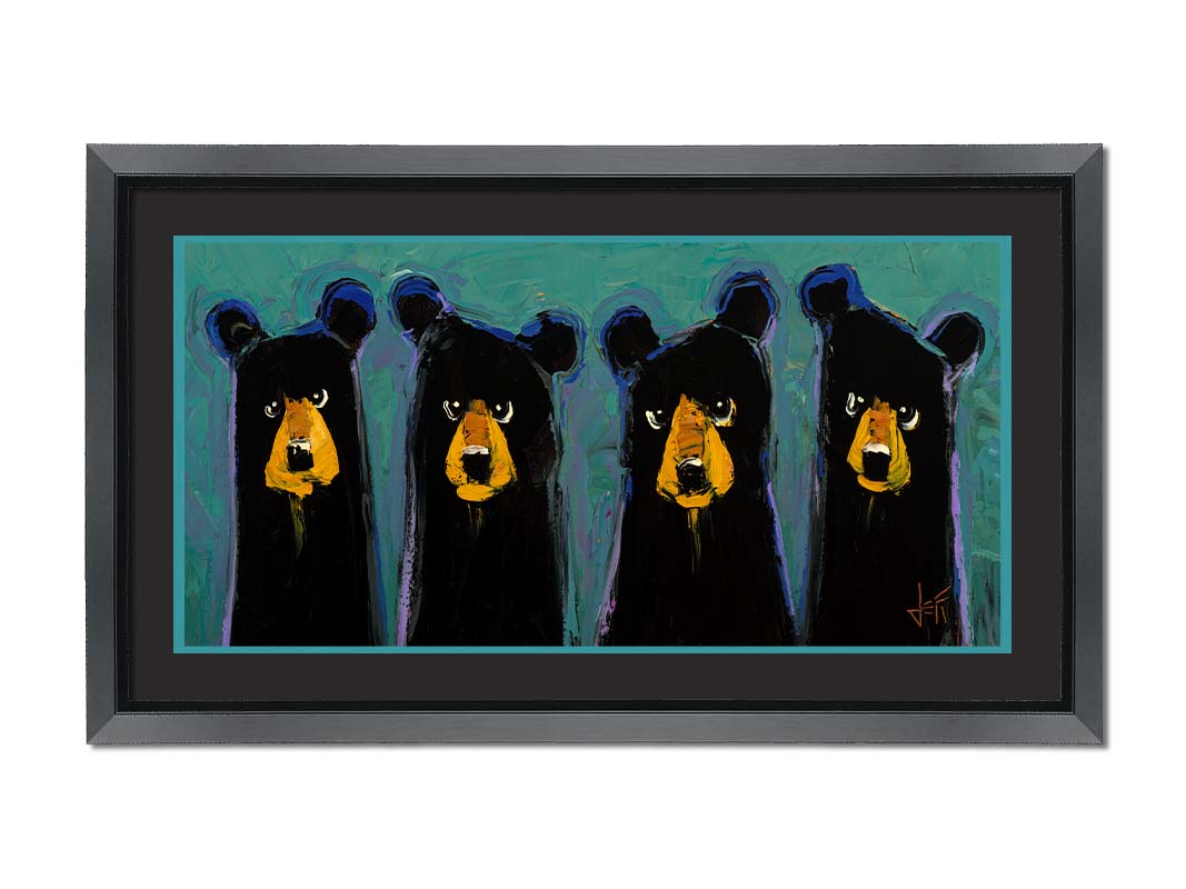 A contemporary painting of four black bears, outlined in purple, on a teal background. The simplified style emphasizes the basic shapes of the bears, giving them unique personality. Printed on paper, matted, and framed.