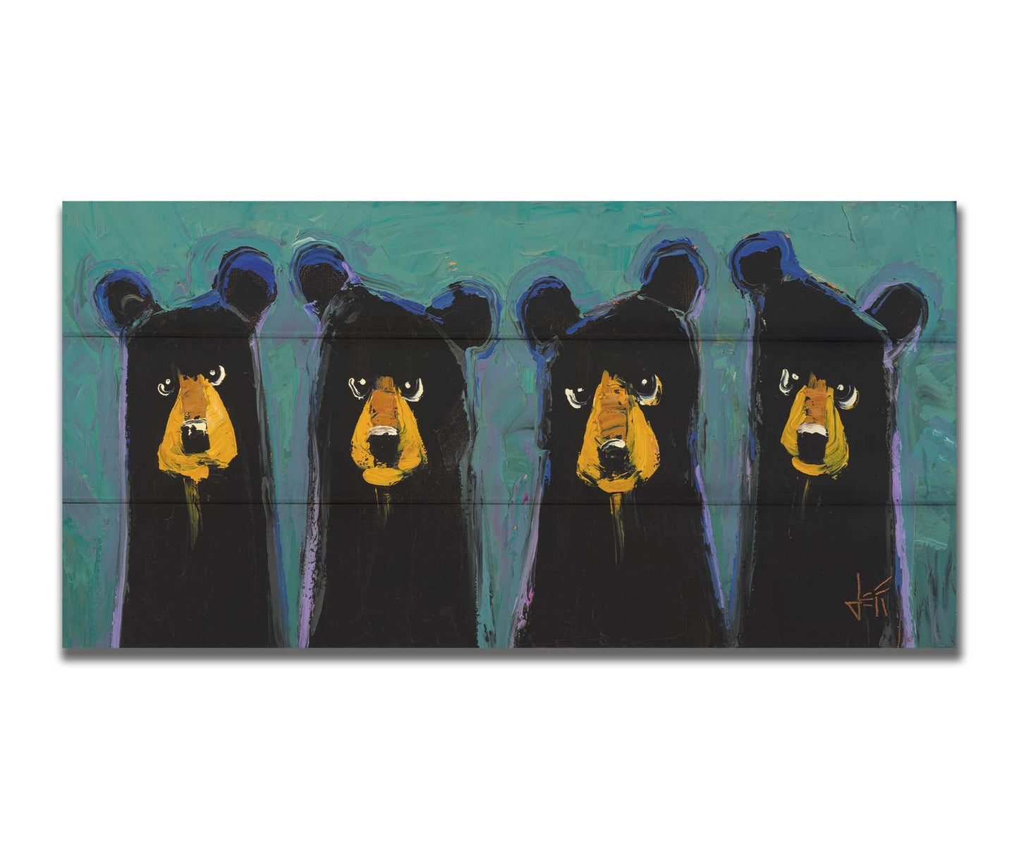 A contemporary painting of four black bears, outlined in purple, on a teal background. The simplified style emphasizes the basic shapes of the bears, giving them unique personality. Printed on a box board.