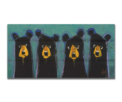 A contemporary painting of four black bears, outlined in purple, on a teal background. The simplified style emphasizes the basic shapes of the bears, giving them unique personality. Printed on a box board.