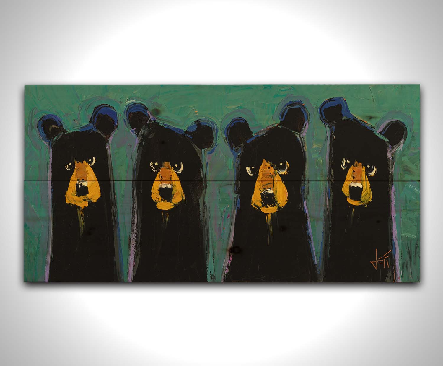 A contemporary painting of four black bears, outlined in purple, on a teal background. The simplified style emphasizes the basic shapes of the bears, giving them unique personality. Printed on a wood pallet.