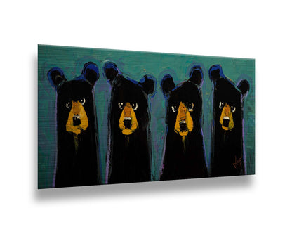 A contemporary painting of four black bears, outlined in purple, on a teal background. The simplified style emphasizes the basic shapes of the bears, giving them unique personality. Printed on metal.