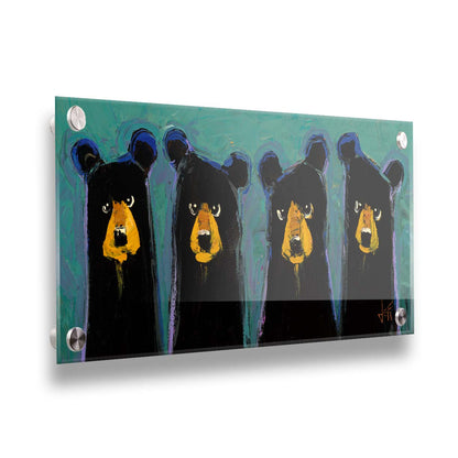 A contemporary painting of four black bears, outlined in purple, on a teal background. The simplified style emphasizes the basic shapes of the bears, giving them unique personality. Printed on acrylic.