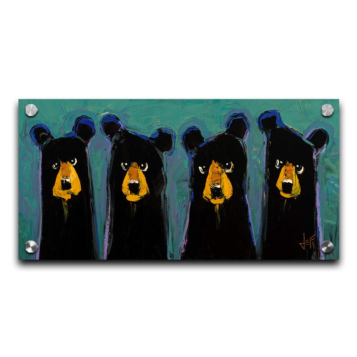 A contemporary painting of four black bears, outlined in purple, on a teal background. The simplified style emphasizes the basic shapes of the bears, giving them unique personality. Printed on acrylic.