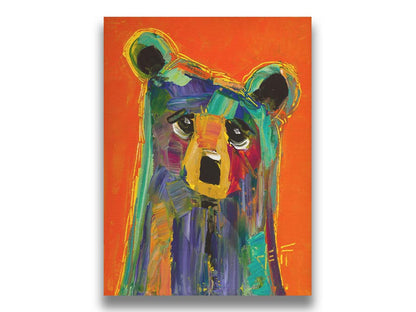 A contemporary portrait painting of a bear, in a style focusing on color and shape. Large brushstrokes of unblended blue, teal, pink, yellow, and orange create a simplified cartoonish bear. Printed on canvas.