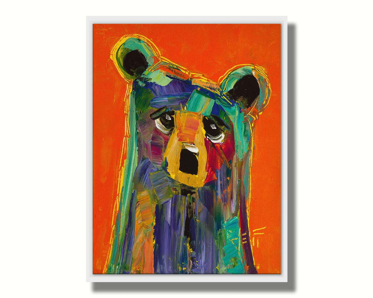 A contemporary portrait painting of a bear, in a style focusing on color and shape. Large brushstrokes of unblended blue, teal, pink, yellow, and orange create a simplified cartoonish bear. Printed on canvas in a float frame.