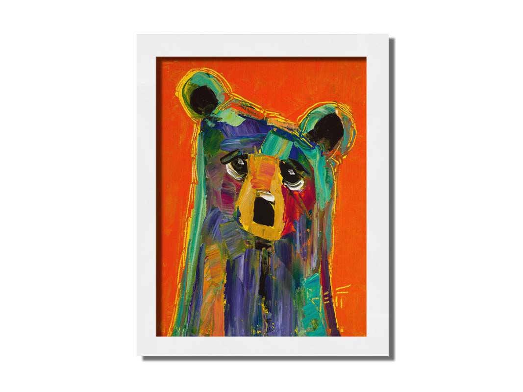 A contemporary portrait painting of a bear, in a style focusing on color and shape. Large brushstrokes of unblended blue, teal, pink, yellow, and orange create a simplified cartoonish bear. Printed on canvas and framed.