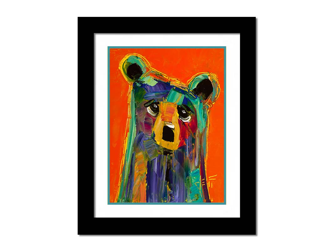 A contemporary portrait painting of a bear, in a style focusing on color and shape. Large brushstrokes of unblended blue, teal, pink, yellow, and orange create a simplified cartoonish bear. Printed on paper, matted, and framed.