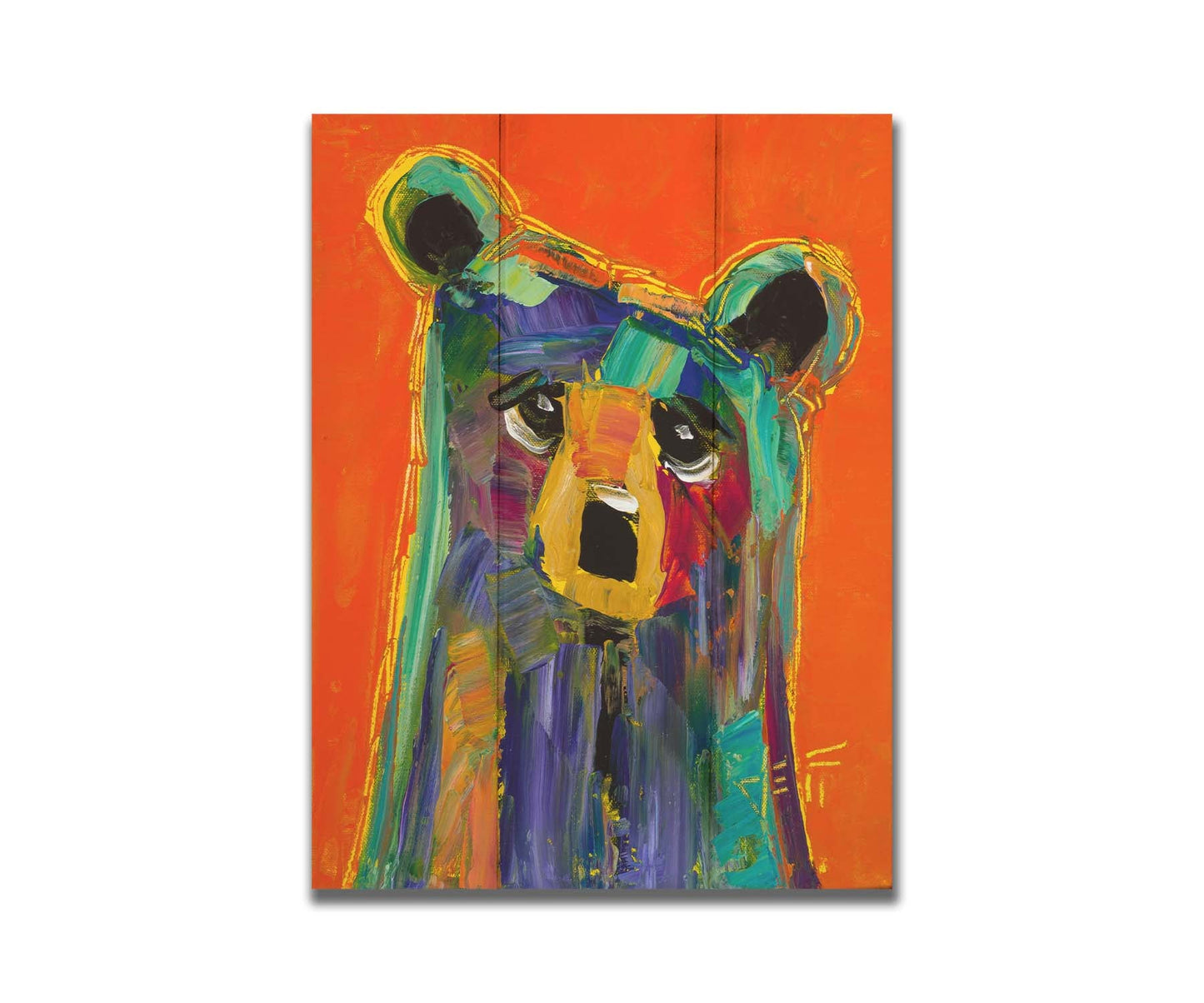 A contemporary portrait painting of a bear, in a style focusing on color and shape. Large brushstrokes of unblended blue, teal, pink, yellow, and orange create a simplified cartoonish bear. Printed on a box board.