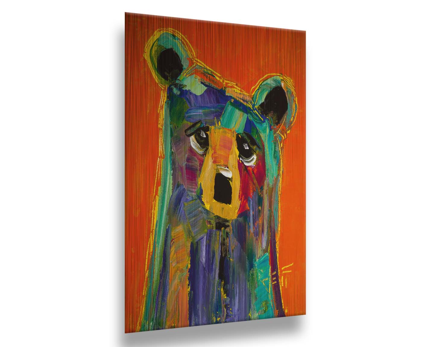 A contemporary portrait painting of a bear, in a style focusing on color and shape. Large brushstrokes of unblended blue, teal, pink, yellow, and orange create a simplified cartoonish bear. Printed on metal.