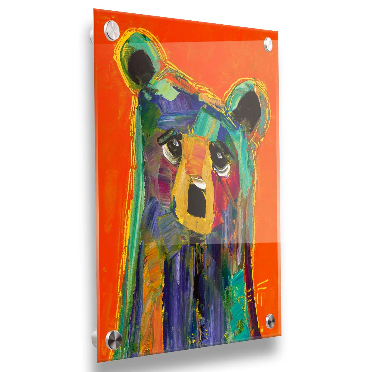 A contemporary portrait painting of a bear, in a style focusing on color and shape. Large brushstrokes of unblended blue, teal, pink, yellow, and orange create a simplified cartoonish bear. Printed on acrylic.