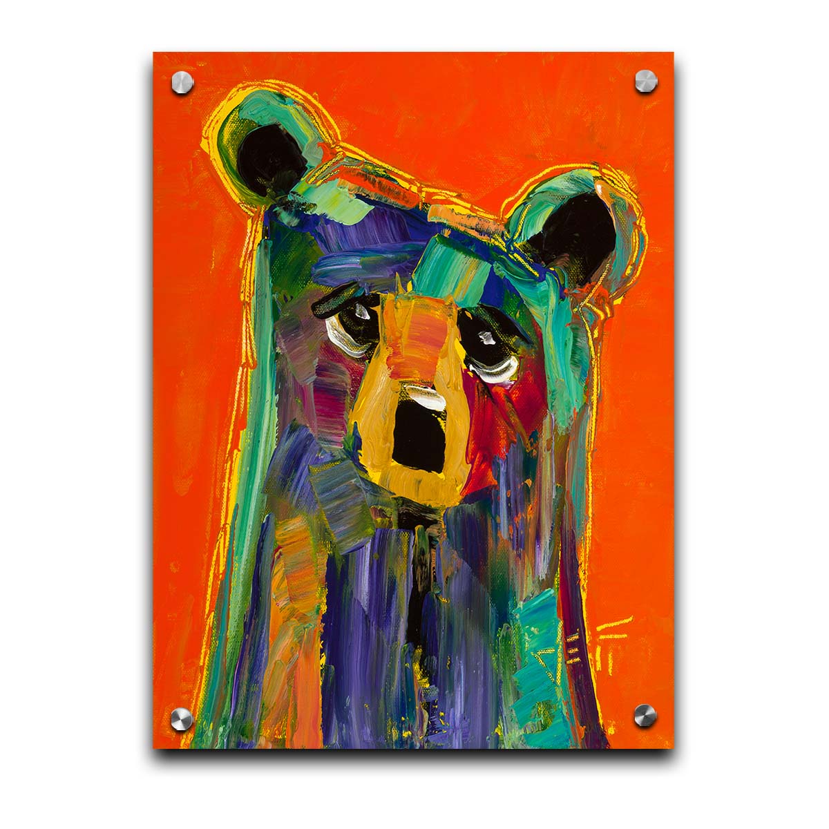 A contemporary portrait painting of a bear, in a style focusing on color and shape. Large brushstrokes of unblended blue, teal, pink, yellow, and orange create a simplified cartoonish bear. Printed on acrylic.