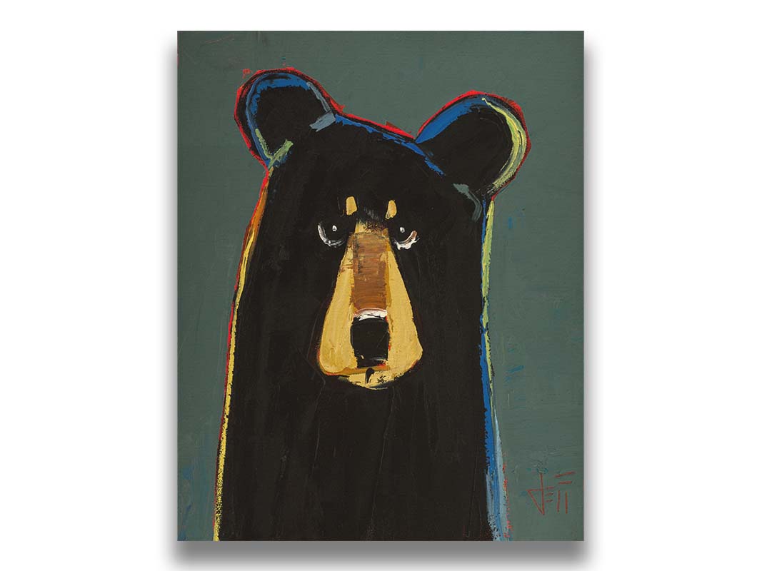 A portrait of a black bear in a simple style utilizing flat planes of color. It is outlined in red, orange, yellow, green, and blue, and set against a dusty green background. Printed on canvas.