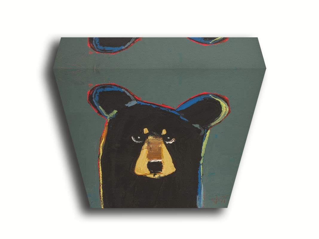 A portrait of a black bear in a simple style utilizing flat planes of color. It is outlined in red, orange, yellow, green, and blue, and set against a dusty green background. Printed on canvas.