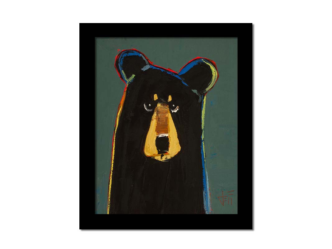 A portrait of a black bear in a simple style utilizing flat planes of color. It is outlined in red, orange, yellow, green, and blue, and set against a dusty green background. Printed on canvas and framed.