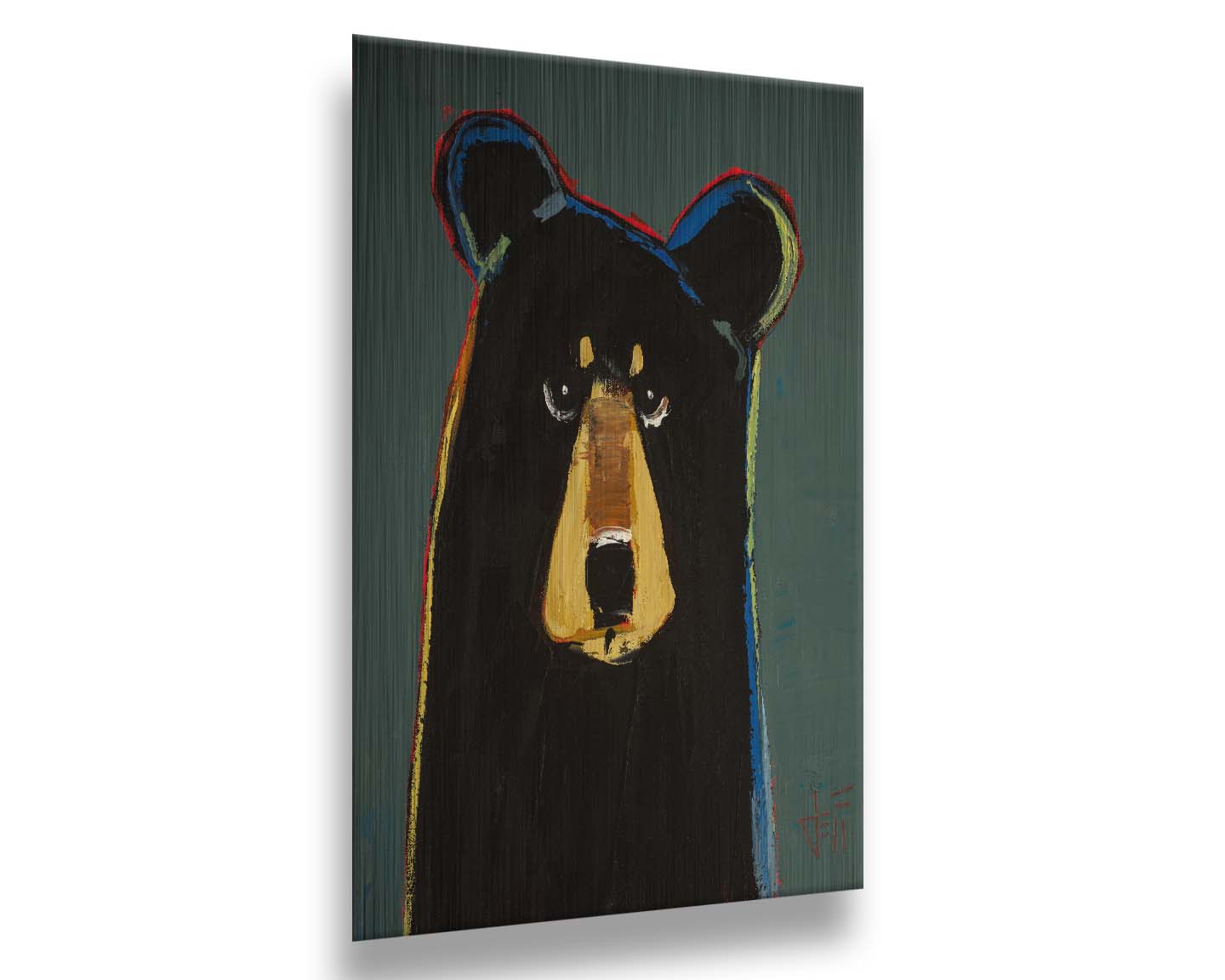 A portrait of a black bear in a simple style utilizing flat planes of color. It is outlined in red, orange, yellow, green, and blue, and set against a dusty green background. Printed on metal.