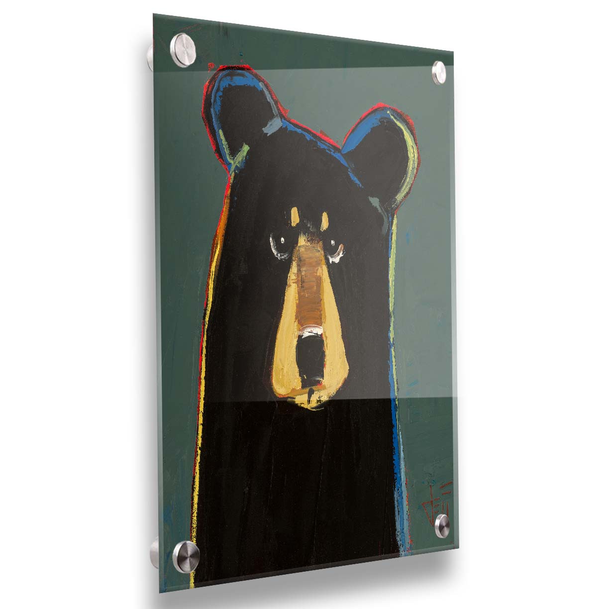 A portrait of a black bear in a simple style utilizing flat planes of color. It is outlined in red, orange, yellow, green, and blue, and set against a dusty green background. Printed on acrylic.