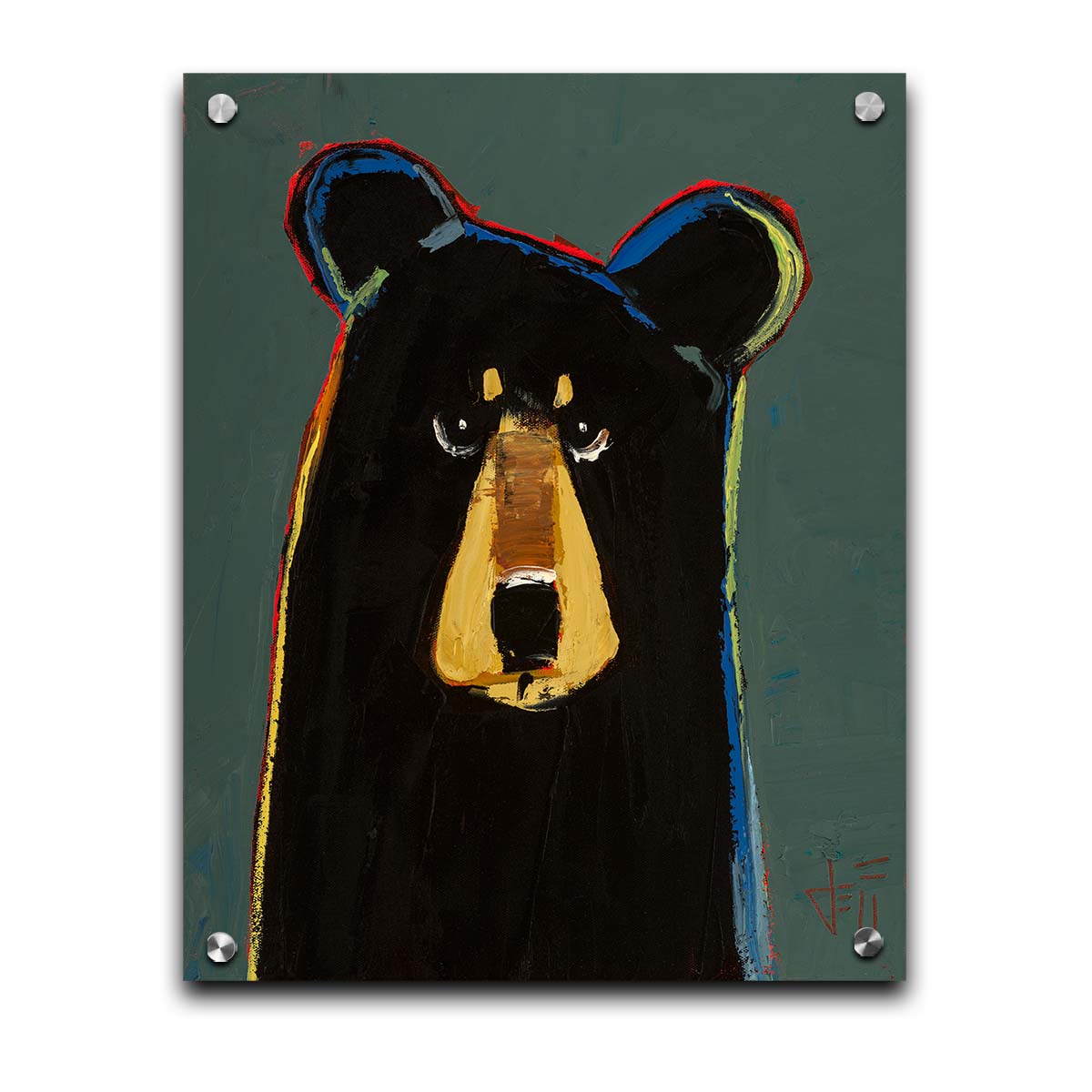 A portrait of a black bear in a simple style utilizing flat planes of color. It is outlined in red, orange, yellow, green, and blue, and set against a dusty green background. Printed on acrylic.