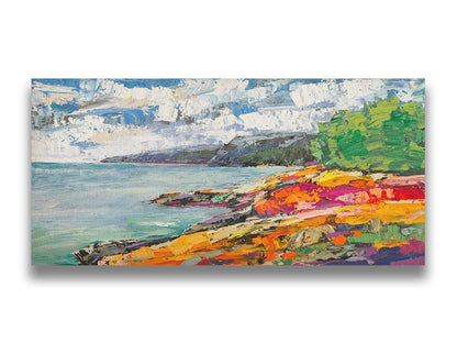 A landscape painting of a beach. The smooth water, painted in local color, is contrasted by the brushstroke-textured beach, painted in arbitrary color. Printed on canvas.