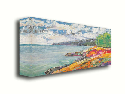 A landscape painting of a beach. The smooth water, painted in local color, is contrasted by the brushstroke-textured beach, painted in arbitrary color. Printed on canvas.