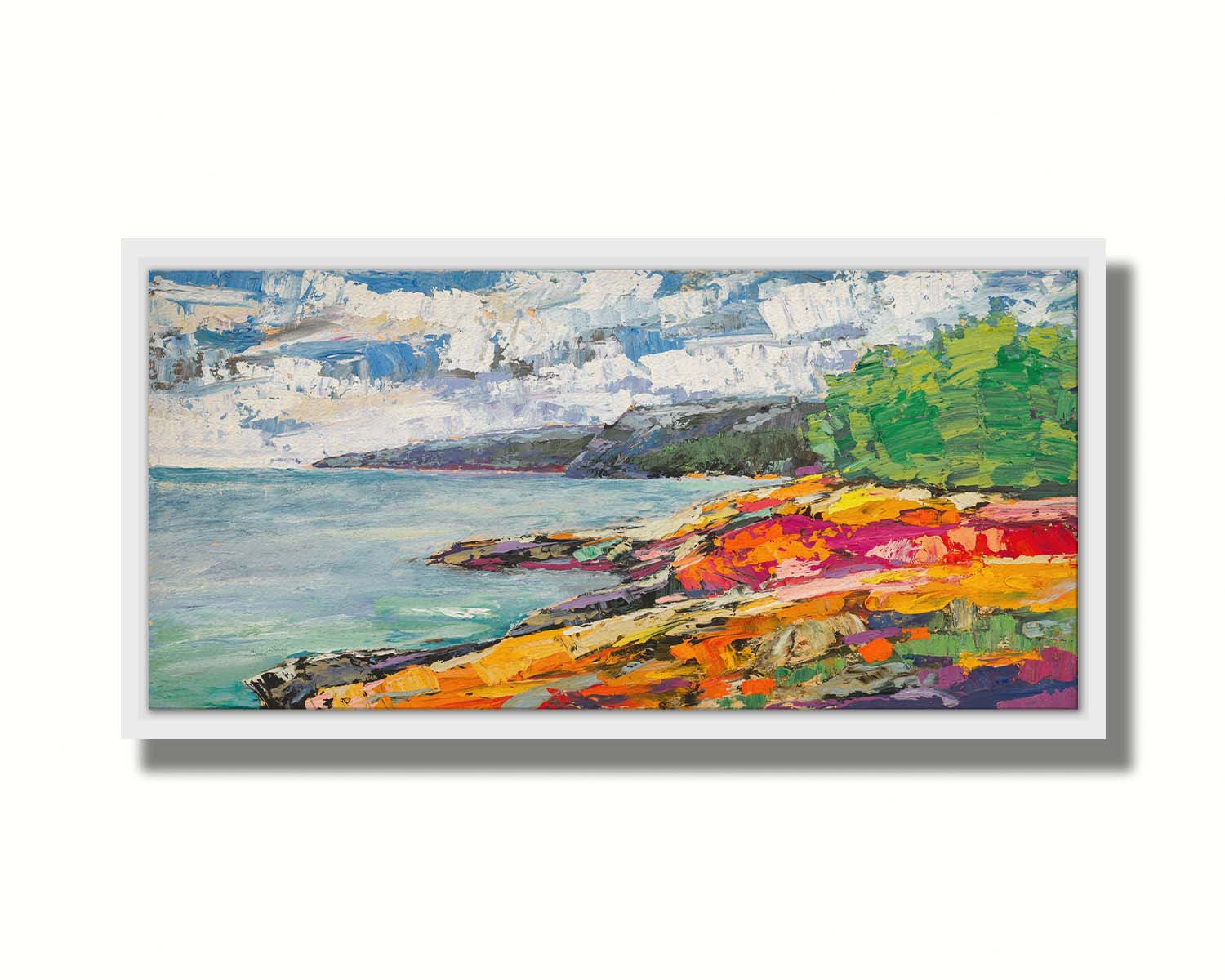 A landscape painting of a beach. The smooth water, painted in local color, is contrasted by the brushstroke-textured beach, painted in arbitrary color. Printed on canvas in a float frame.