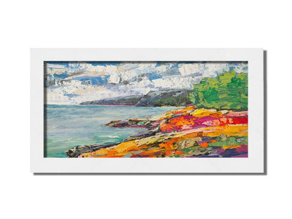 A landscape painting of a beach. The smooth water, painted in local color, is contrasted by the brushstroke-textured beach, painted in arbitrary color. Printed on canvas and framed.