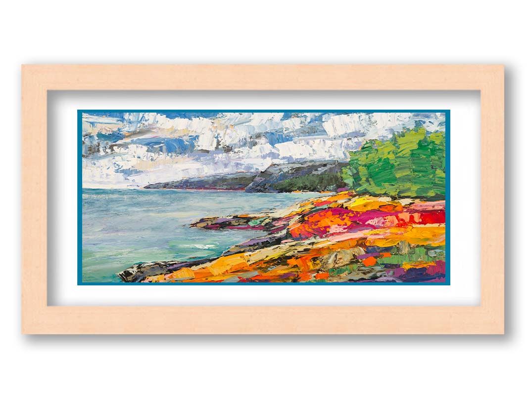 A landscape painting of a beach. The smooth water, painted in local color, is contrasted by the brushstroke-textured beach, painted in arbitrary color. Printed on paper, matted, and framed.