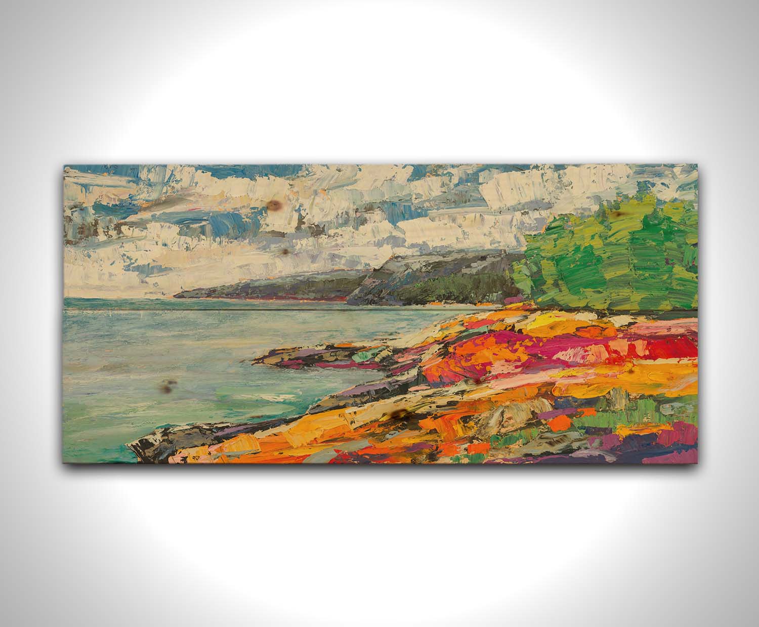 A landscape painting of a beach. The smooth water, painted in local color, is contrasted by the brushstroke-textured beach, painted in arbitrary color. Printed on a wood pallet.